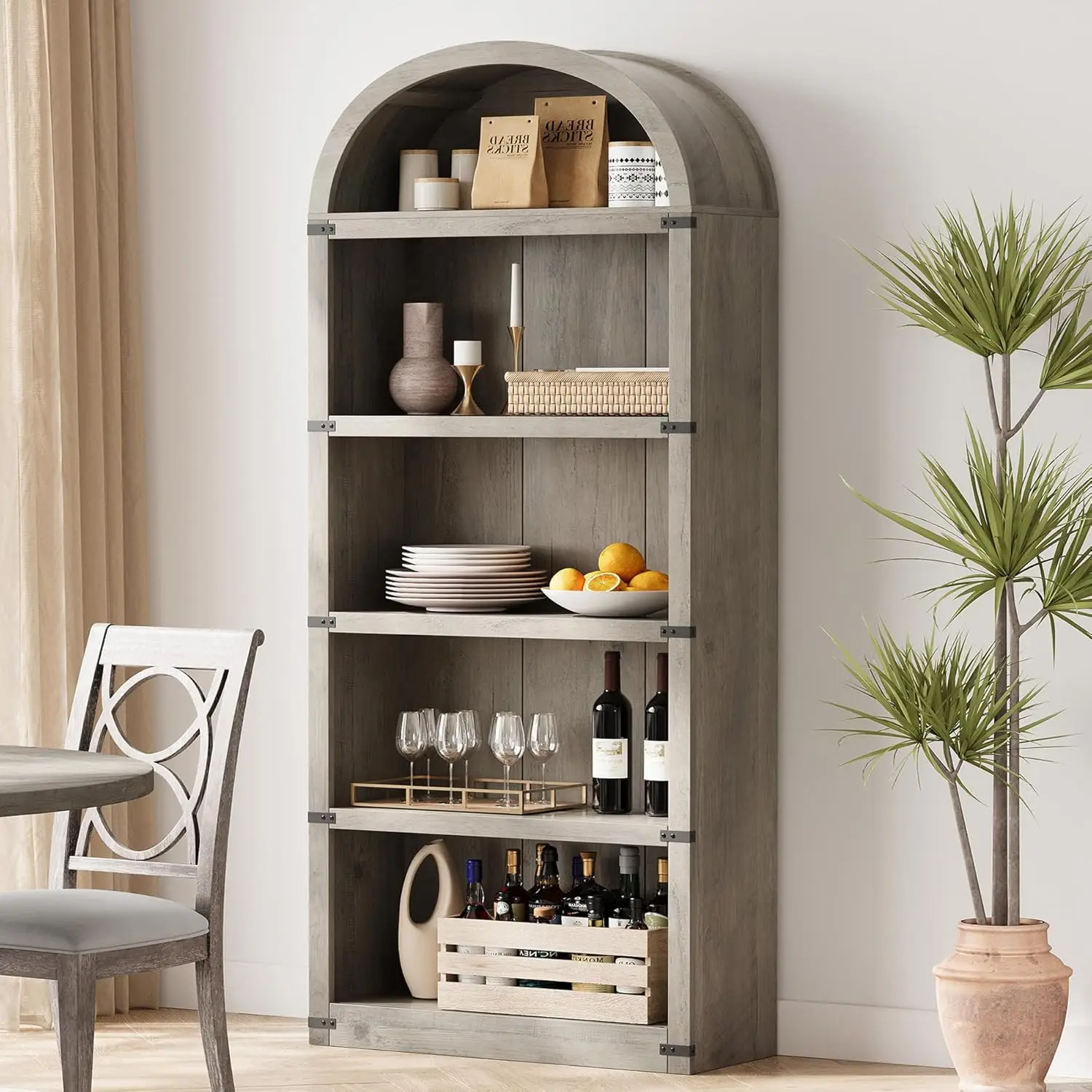 5-Tier Arch Bookcase,1.82m Tall Arched Bookshelf, Display Rack Wood Book Shelf, Open Storage Shelf for Living Room,Home, Office