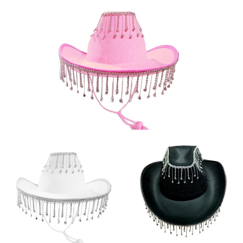 

Cowboy Hat with Rhinestones Fringe Glittering Cowgirl Hat One Size Drop Shipping