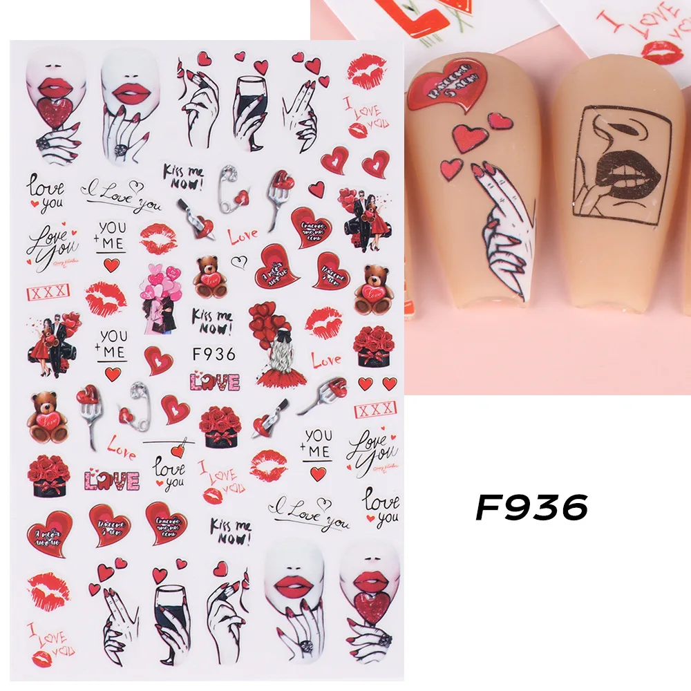 1PCS New Valentine's Day Nail Art Decal 3D Heart Red Lips Nail Stickers Nail Art Supplies DIY Adhesive Stickers Nail Slider