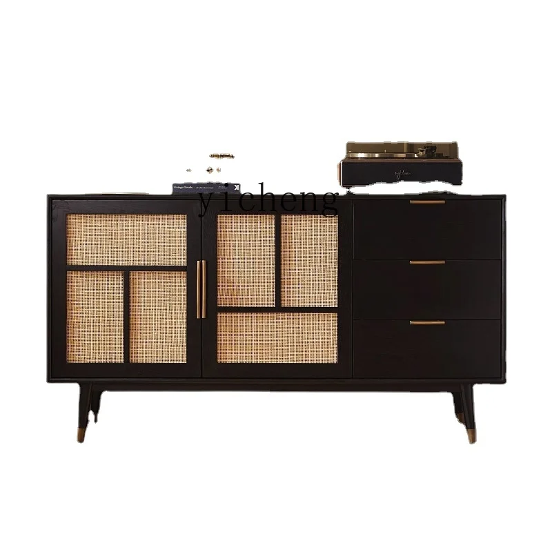 

Tqh Retro Style Rattan Sideboard Cabinet Oak Drawer Solid Wood Locker Living Room Black Hallway Cabinet