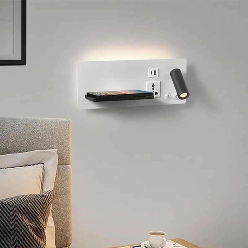 USB Wall Lamp Living Room Reading Wall Light Bedroom Creative Bedside Lamp Wireless Charging Store Indoor Bedside HotelLamp