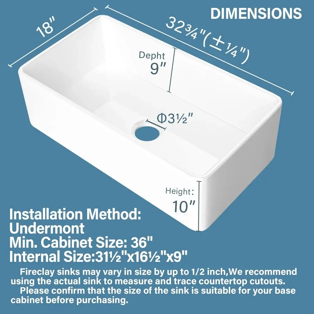 NEW-White Farmhouse Sink 33 x 18 Inch, Firecaly Apron Front Farm Sink, Heavy Duty, Large Capacity Single Bowl, with Accessories