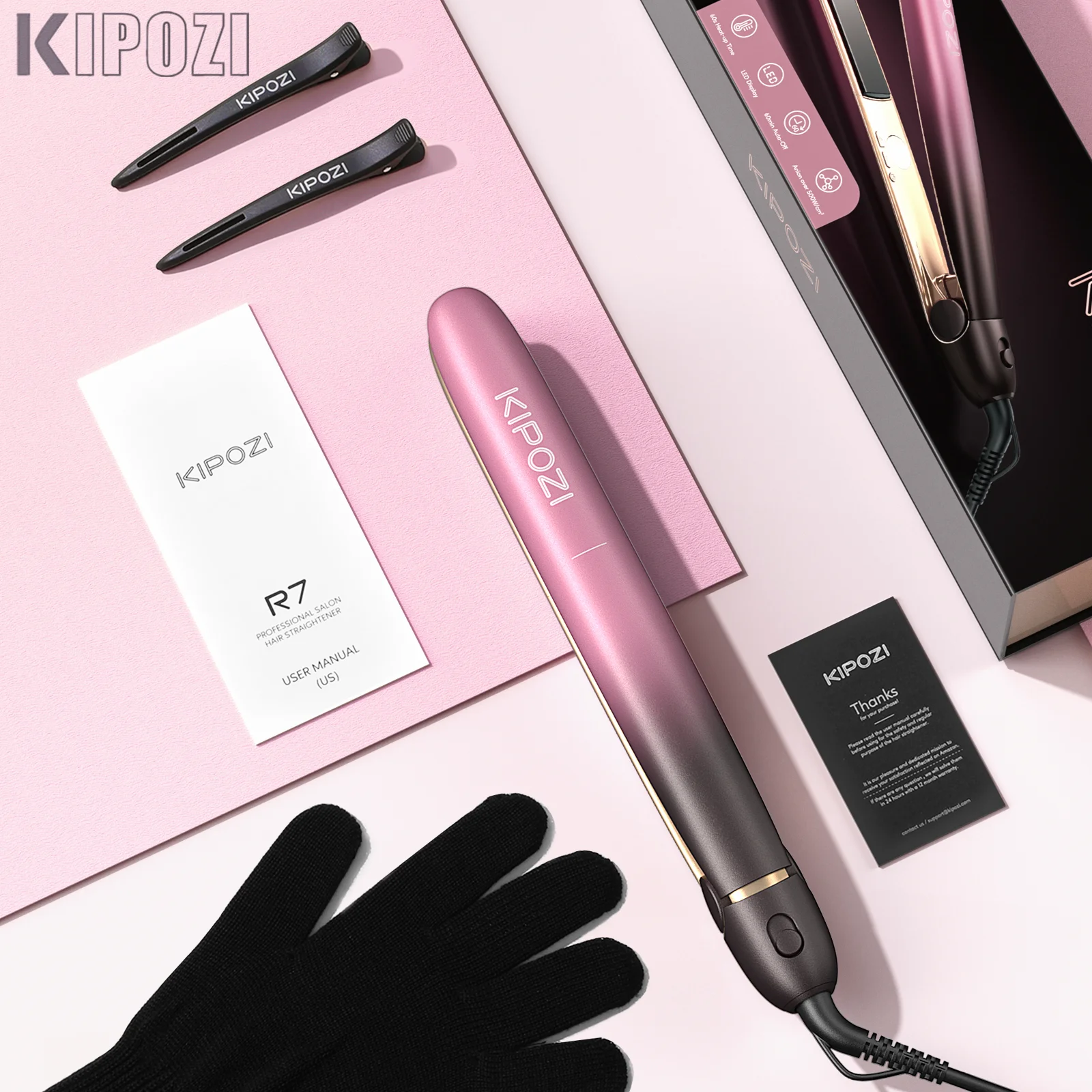 KIPOZI R7 Rose Gold Luxury Hair Straightener Curling Iron Titanium Flat