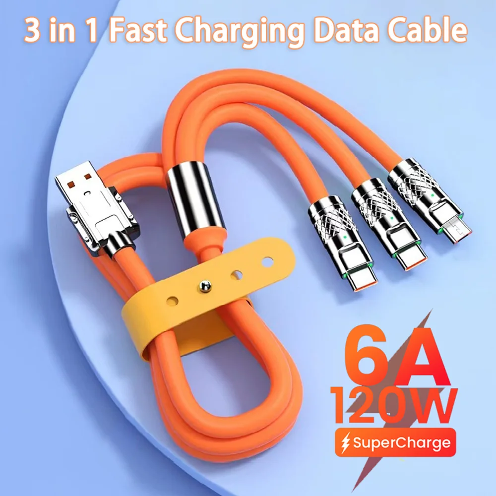 3 in 1 120W 6A Fast Charging Type C Cable Micro USB Charging Cord for 