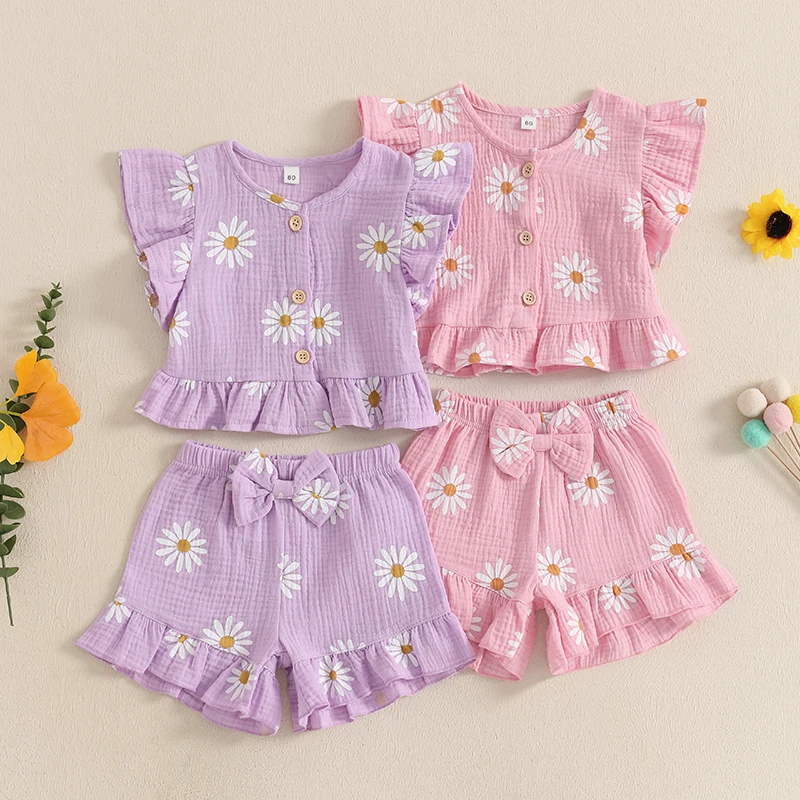 Floral Print Summer Outfit Set for Baby Girls - Cute Top  Elastic Shorts