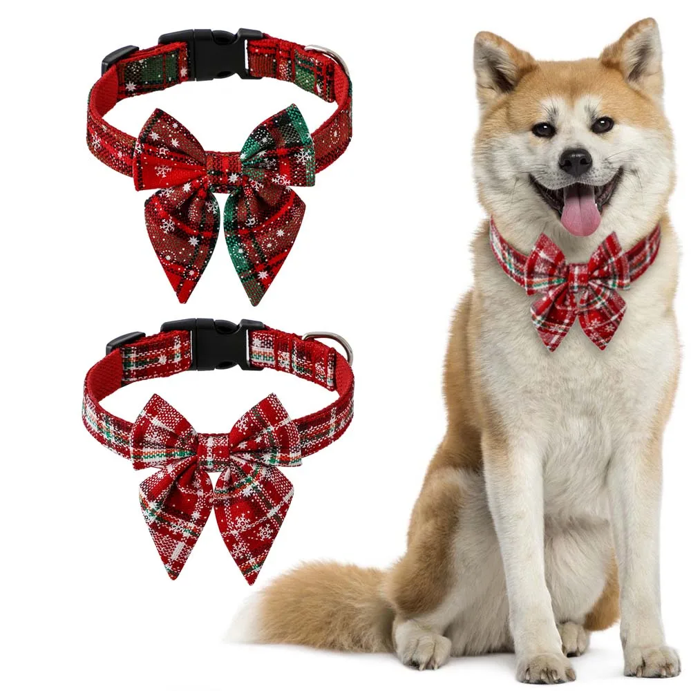 Christmas Dog Collar with Bow Adjustable Cotton Red Bowtie Dog Christmas Collars for Large Dogs Pets Grooming New Year Gift Christmas Dog Collar with Bow Adjustable Cotton Red Bowtie Dog Christmas Collars for Large Dogs Pets Grooming New Year Gift