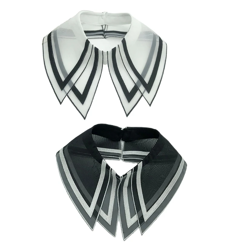 

Women Elegant Double Layer Organza Fake Collar Striped Print Triangular Pointed Lapel Choker Necklace Pearl Button Tie Dropship