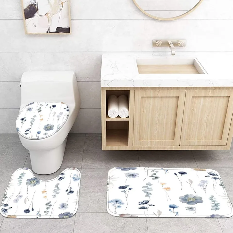 Watercolor Flower Shower Curtain Set with Bath Mats