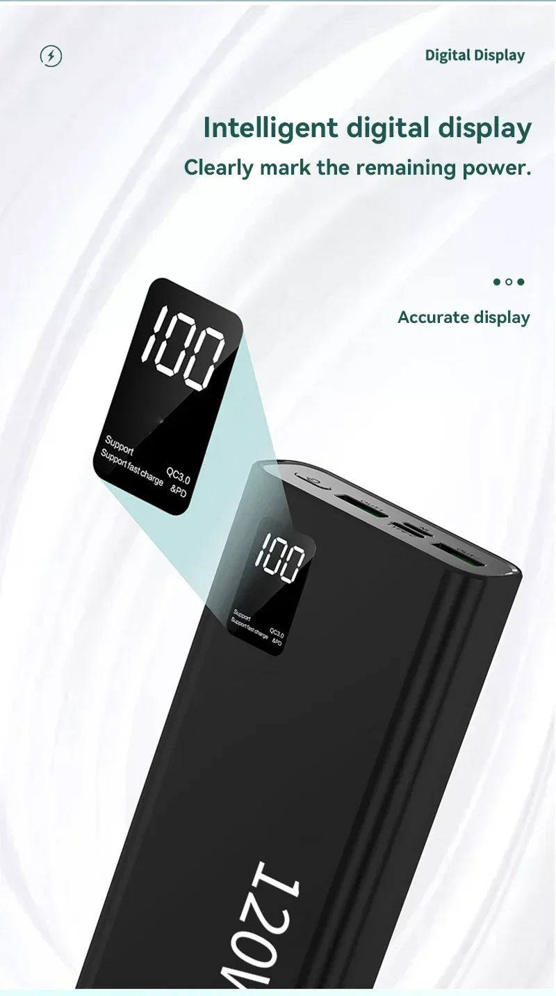 120W Power Bank 200000mAh High Capacity Fast Charging Portable Battery Charger F