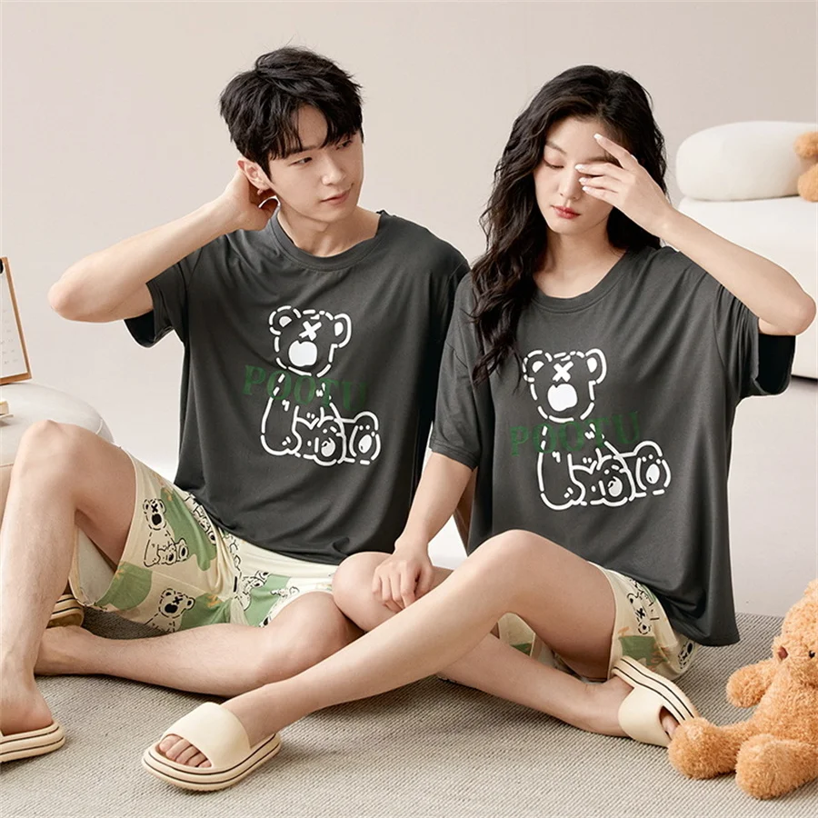 Printed Couple Pajamas Set Short Sleeve T-shirt and Shorts Women Modal Sleepwear with Bra Pad Men Home Clothes 2 Pcs Loungewear