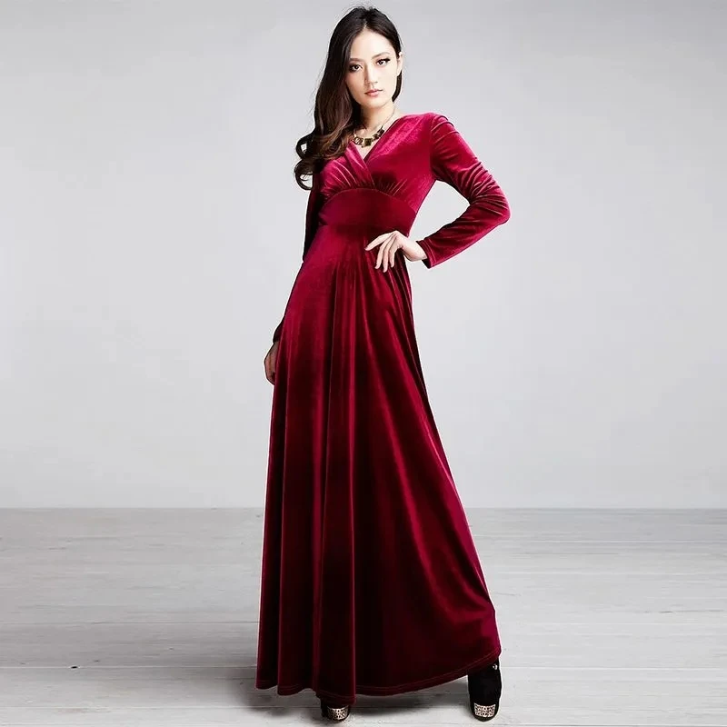 Solid V-Neck Dress 2025 New Spring Golden Velvet Dress Noble and Westernized Autumn Long Dress Velvet Mother Evening Dress Lady