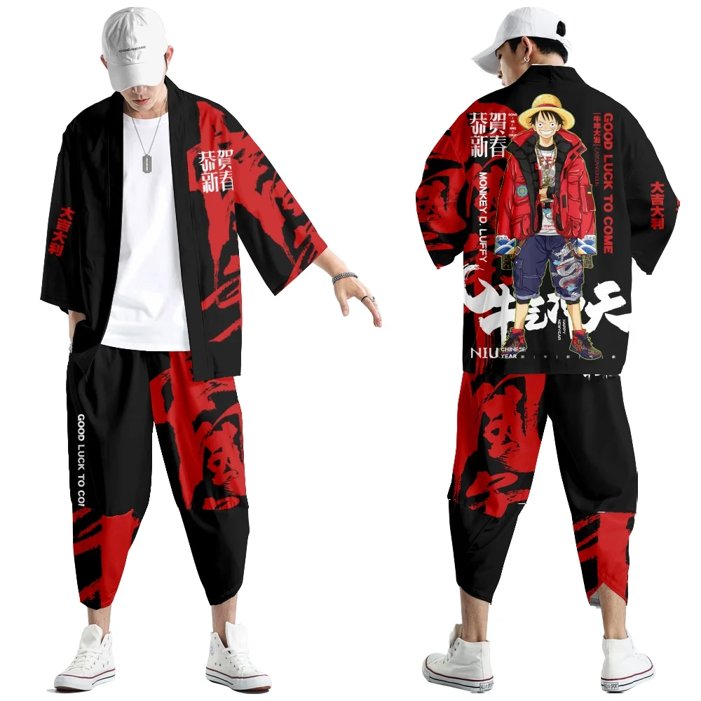 Two-piece Suit Oversize XXS-6XL Japanese Style Fashion Kimono And Pants Set Men Cardigan Blouse Haori Obi Asian Clothes japanese kimono japanese kimono cardigan