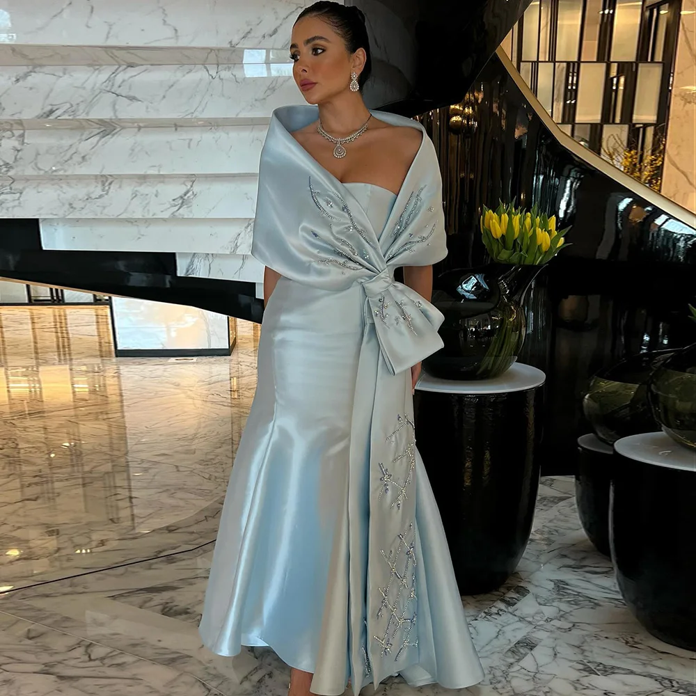 

Scz016 Jancember Blue Mermaid Arabic Evening Dresses With Cape Shawl Beaded Elegant Women Wedding Guest Party Gown