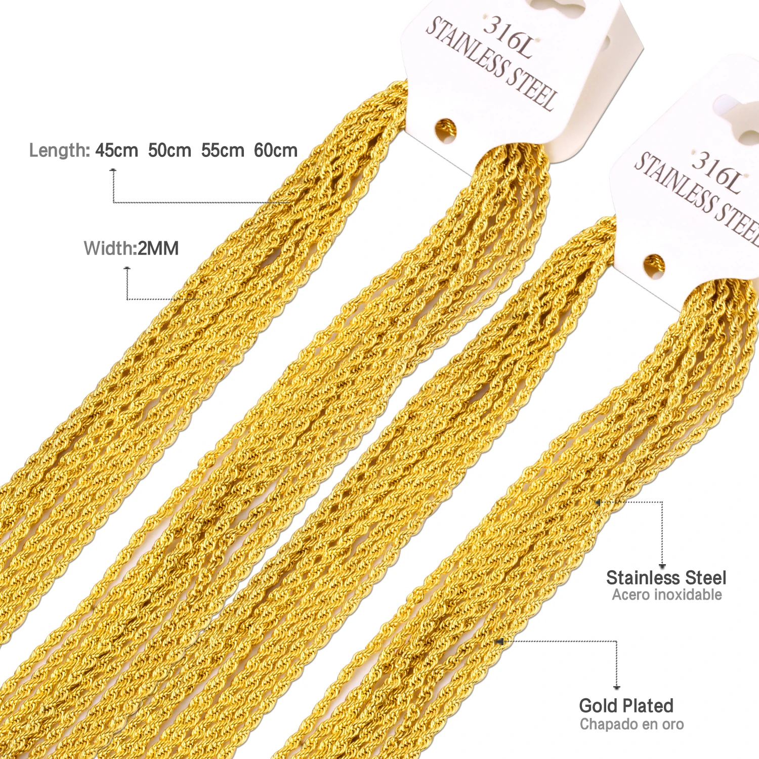 Stainless Steel Twist Rope Chain Necklaces 2mm No Fade DIY Pendants Accessories 10pcs/Lot