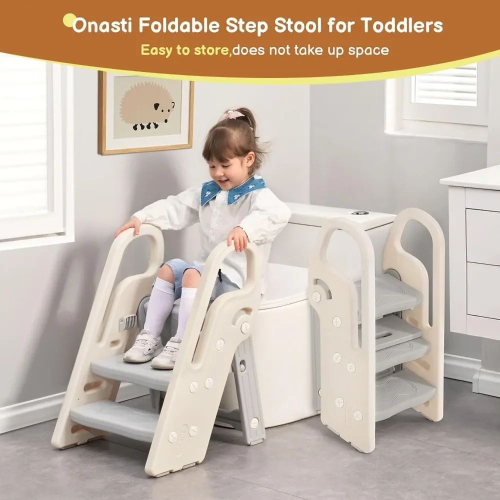 Foldable Step Stool for Bathroom Sink, Adjustable 3 Step Stool for Kids Toilet Potty Training with Handles, Child