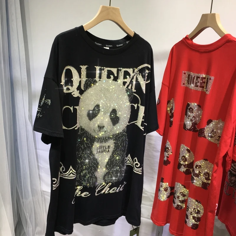

High Quality Blingbling Panda Water Drill T-shirt for Men/woman Loose Mid-long Pullover Top Streetwear Summer Black Cotton Tees