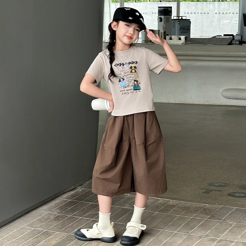 Kinderkleidung Mädchen Sommer Süßes Niedliches Cartoon-Print Kurzarm-T-Shirt und Weite Hose 2026 Interessant