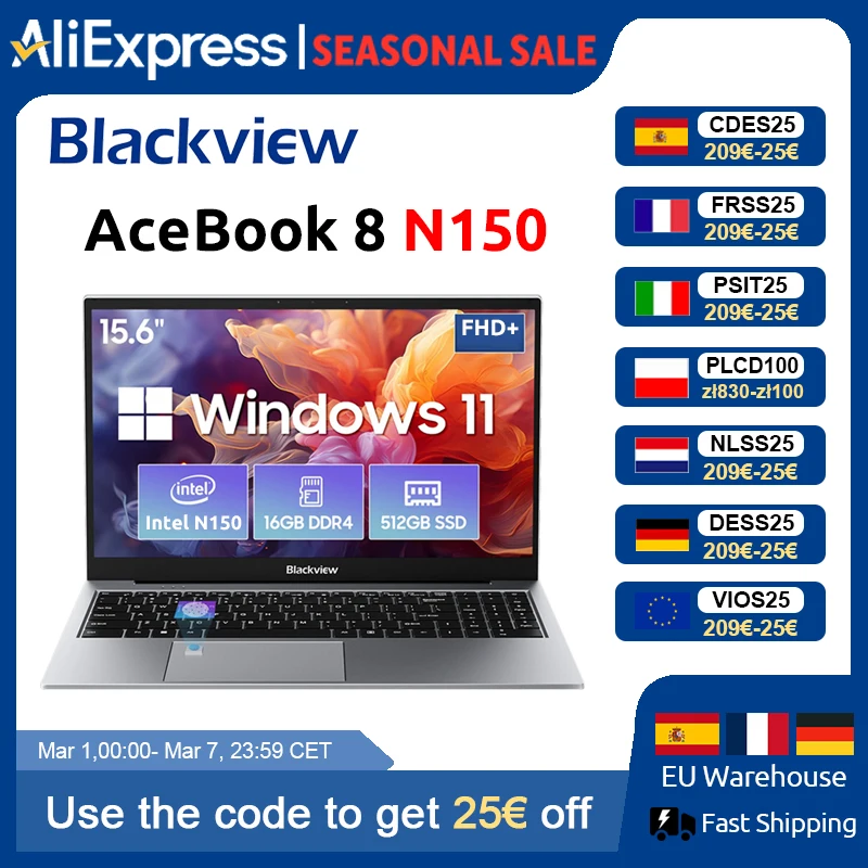 Blackview AceBook 8 Ordinateur portable 15,6" processeur Intel N150 16 Go de RAM 512 Go SSD + extension jusqu'à 1 To Windows 11 Home 15,6"