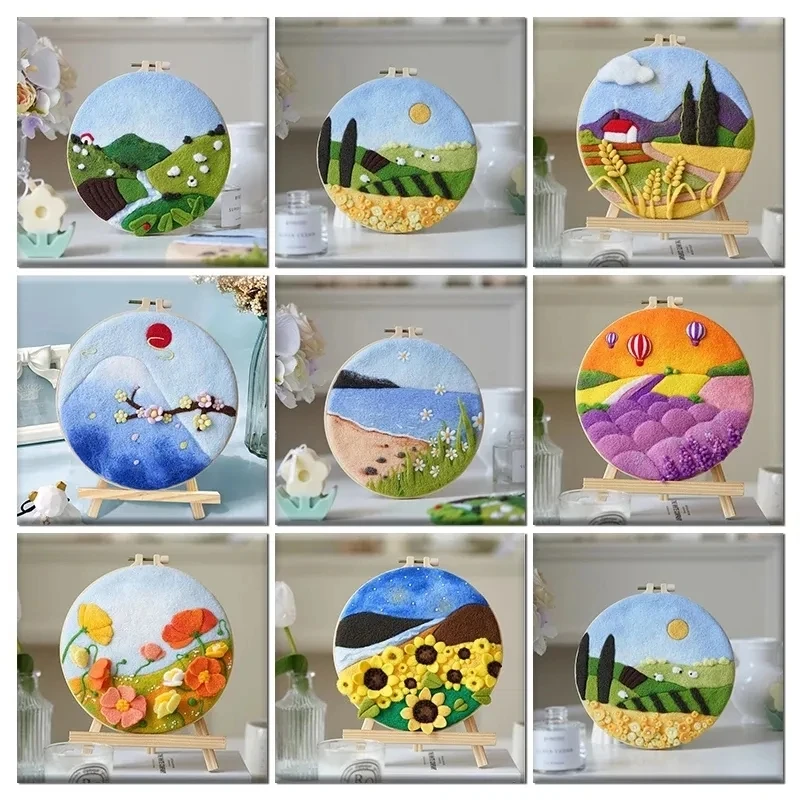 CHENISTORY DIY Wool Felting Painting With Embroidery Frame Handmade Needle Felt Painting kit Picture For Home Decors Crafts Gift