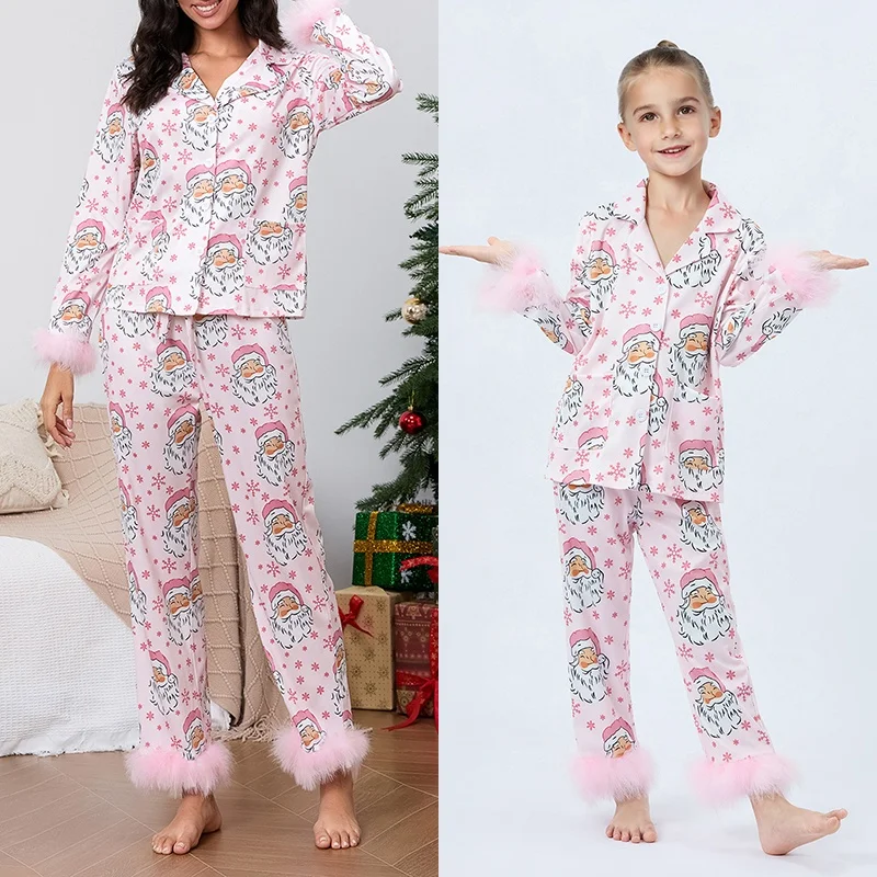 Conjunto de pijama a juego para el día de San Valentín para mamá y yo, pijama navideño con ribete de piel de plumas, ropa de dormir de satén de seda para madre e hija