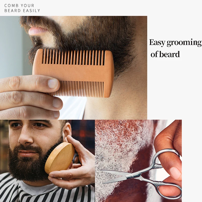Set di pennelli da barba da uomo Pettine da barba multifunzionale Mini forbici Setola di cinghiale Pennello da barba Baffi per il viso Strumento portatile quotidiano per la cura - immagine 3