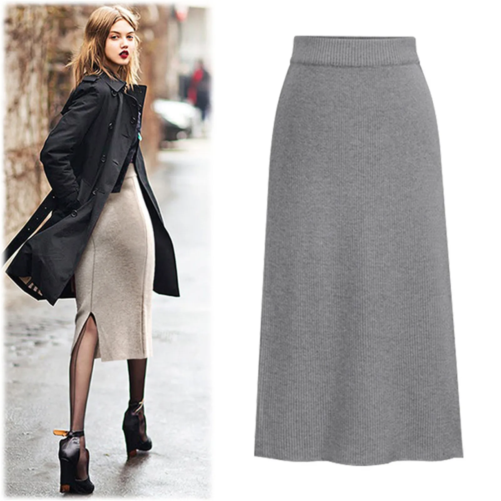 Womens Woolen Split High Waist Long Pencil Skirt
