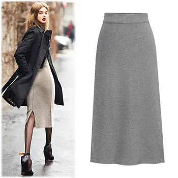 Womens Skirt Trend New Woolen Split High Waist Dress Plus Size Y2k Long Pencil Skirt On Offer Elegant Youth Girl Gray Skirt 1