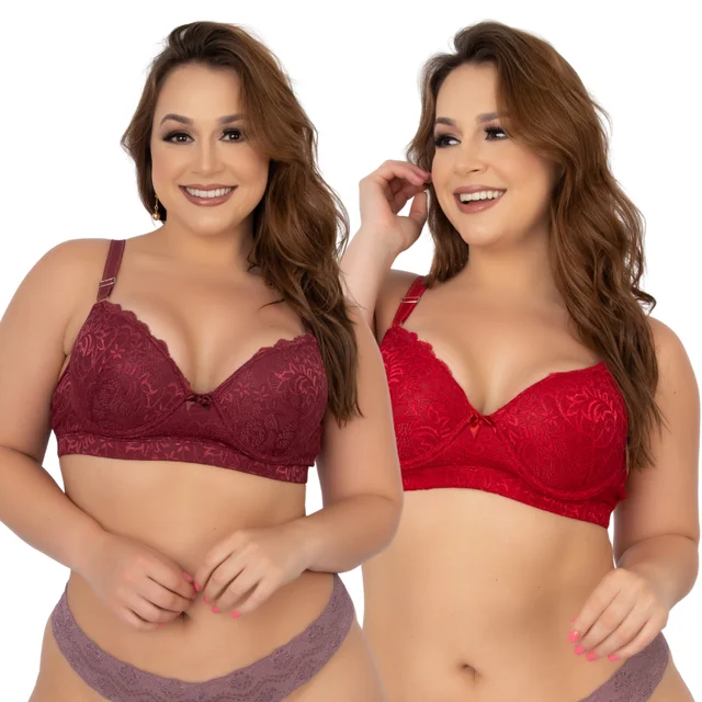 Kit 5 Plus Size Reinforced Bras With Bojo Lace Microfiber