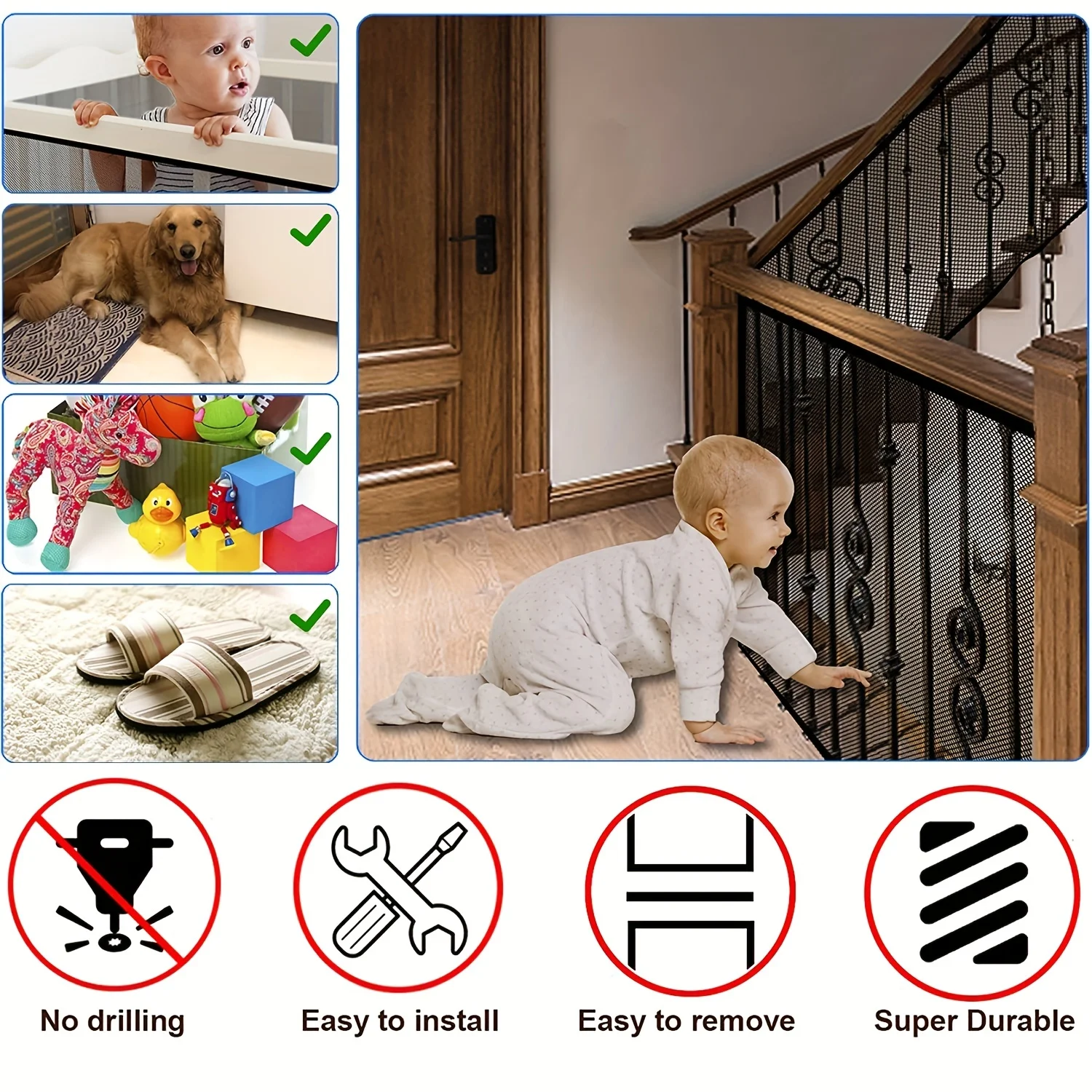 Baby Gate for Stairs, Banister Guard for Kids, Pets, Mesh Safety Net Balcony Rail Stair, Stairway Net Indoor Outdoor
