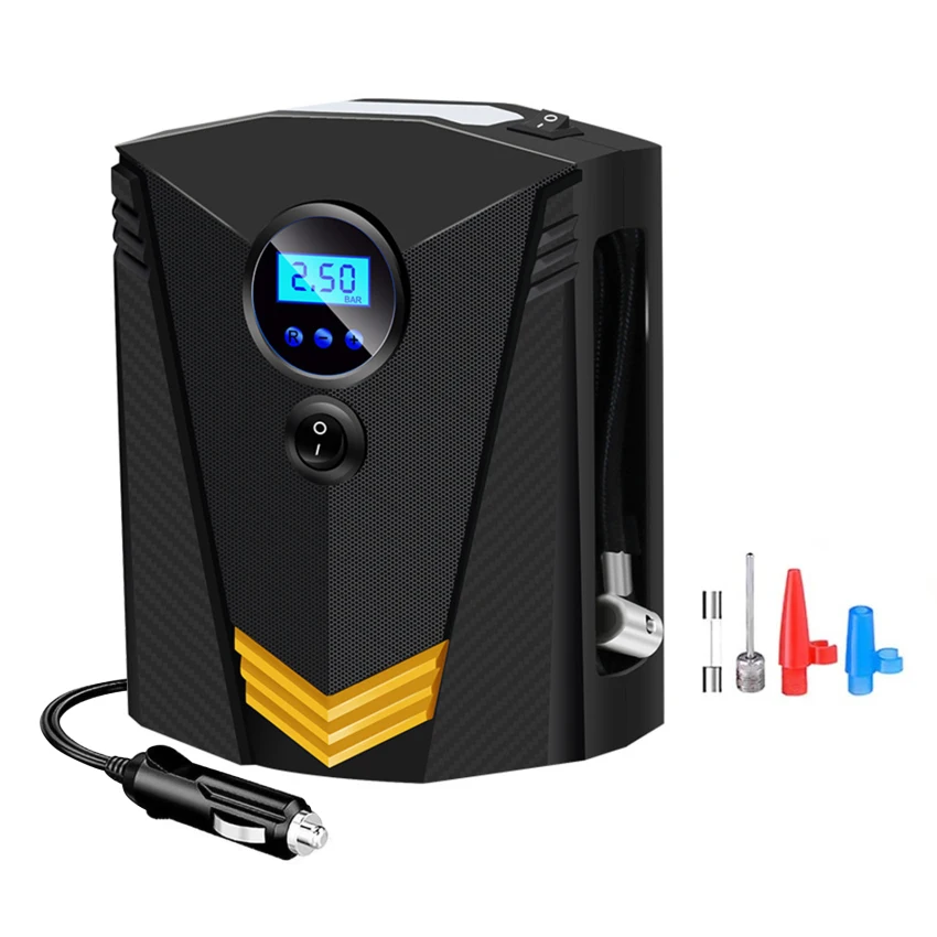 

Car Tire Inflator Air Compressor, Protable Car Tire Pump 12V/ 150psi / 10.5 Bar, Digital Tire Inflator with 3 Nozzle adapters,