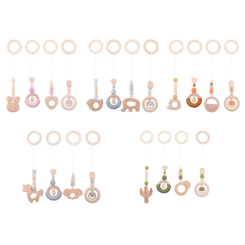 4 Pcs Baby Gym Frame Pendants Fitness Rack Stroller Crib Rattle Wooden Ring Beads Teether Hanging Mobile Bed Bell Toys