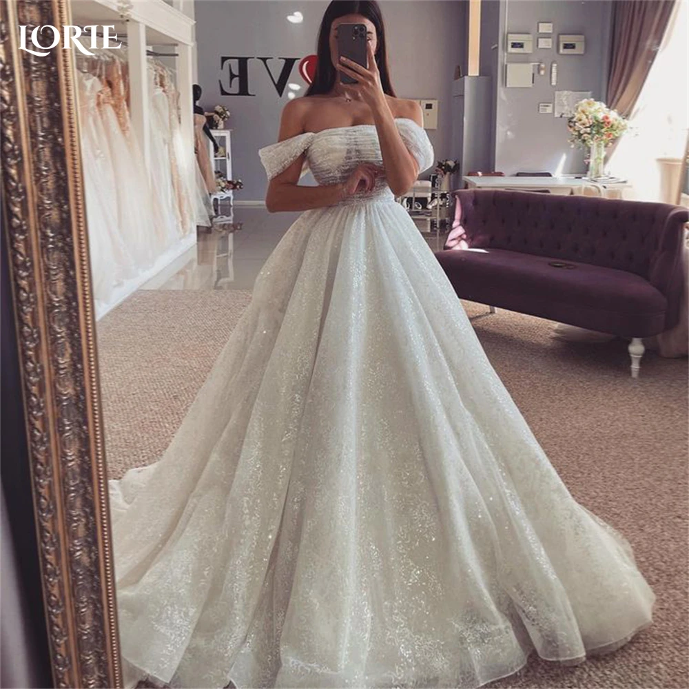 

LORIE Elegant Glitter Wedding Dresses Pleated Off Shoulder A-Line Shiny Backless Bridal Gowns Sleeveless Princess Bride Dress