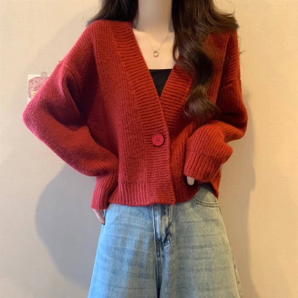 Women Knitted V Neck Long Sleeve Solid Color Sweater Cardigan
