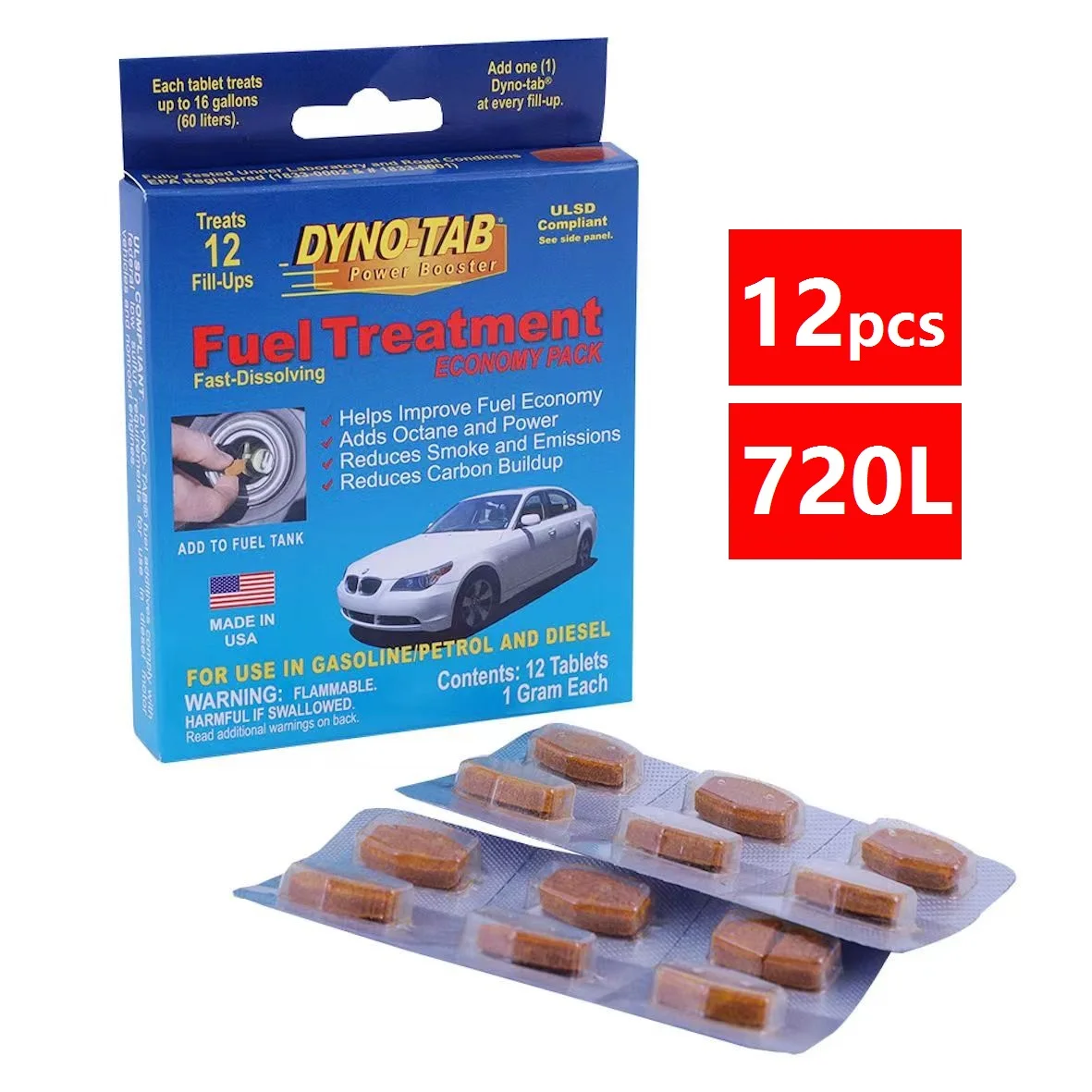 Dynotab Fuel Treatment Boost Octane Increase MPG Power Improve Fuel Economy Reduce Carbon Deposits Made in USA fuel saver octane booster