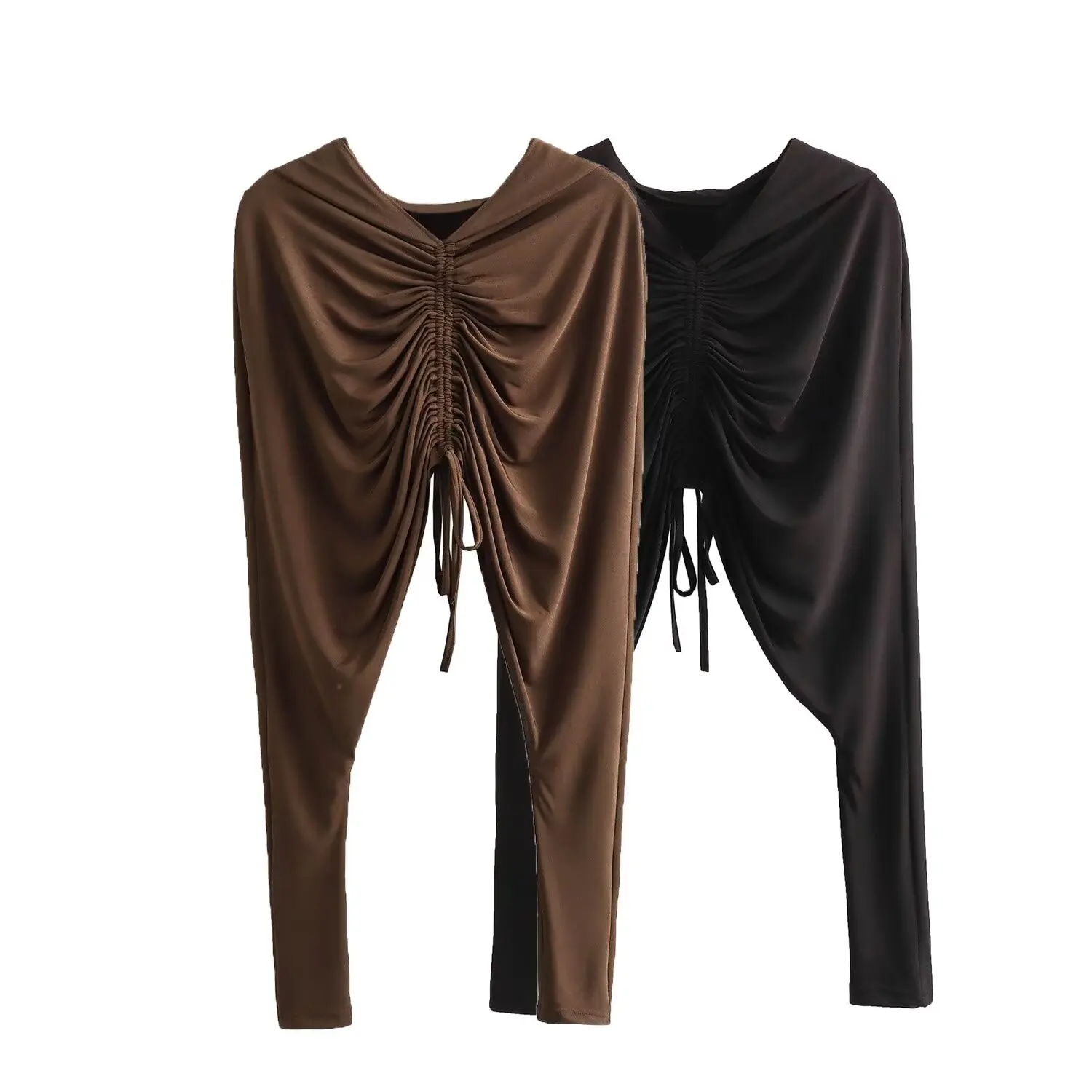 

Women 2023 New Fashion Lace up Pleated decoration Cropped Casual Hooded Tops Vintage Long Sleeve Female Shirts Chic Tops