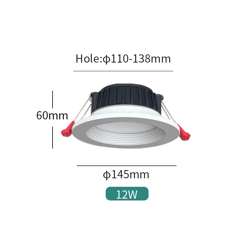 내장형 LED 다운라이트, 슈퍼 브라이트, 상업용 조명 램프, 높은 연색, 220V, 110V, 오프닝 110mm-138mm, 12W