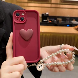 3D Love Heart Pearls Hand Strap Back Cover - OnePlus Nord 2T (Wine)