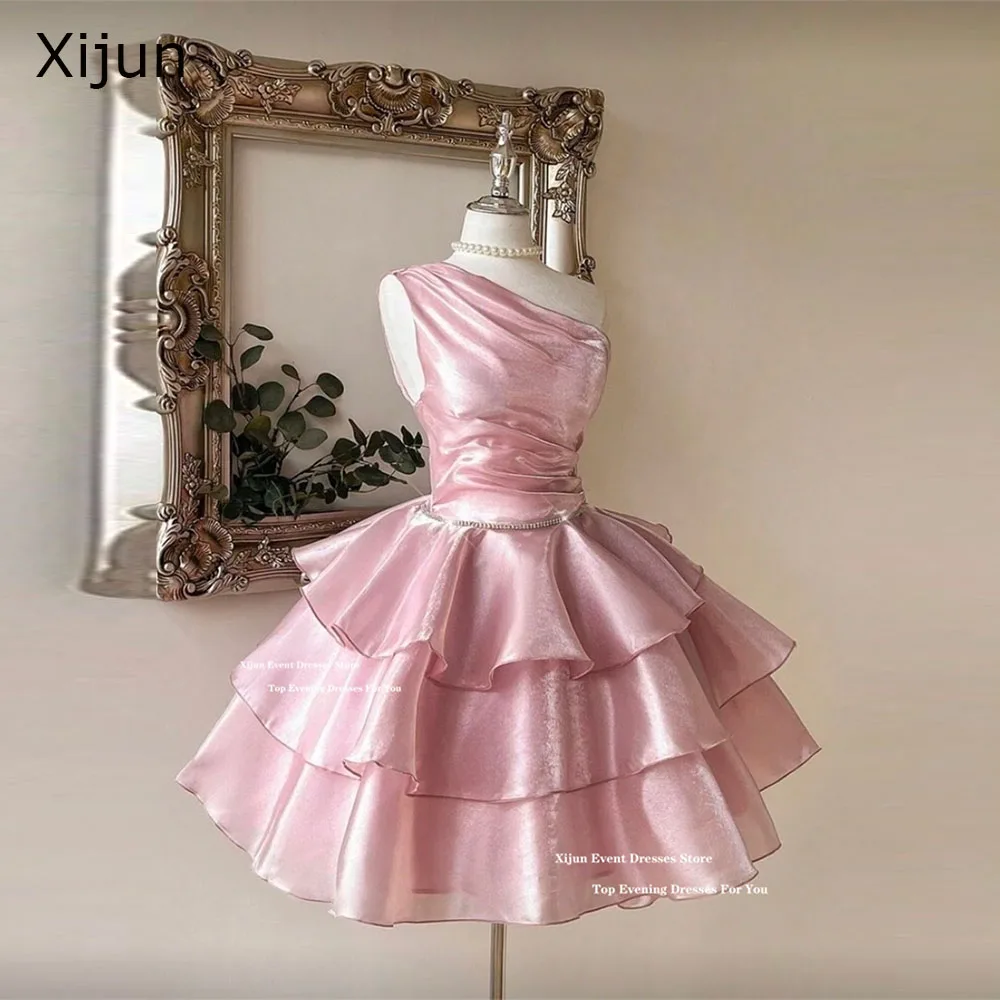 Xijun Princess Short Organza Evening Dresses Tiered Sleeveless A-Line Mini Prom Dresses One Shoulder 2026 Party Gowns Customized 1