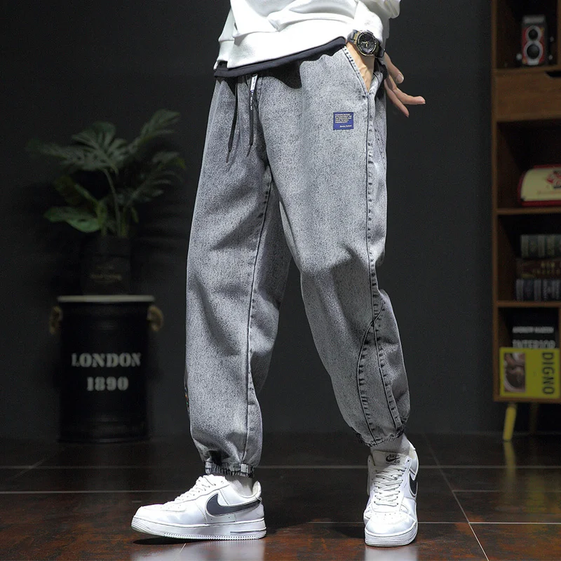 Korean Trendy Fashion Street Loose Harlan Jeans Men Solid Elastic Waist Drawstring Patchwork Pockets Straight Casual Trousers