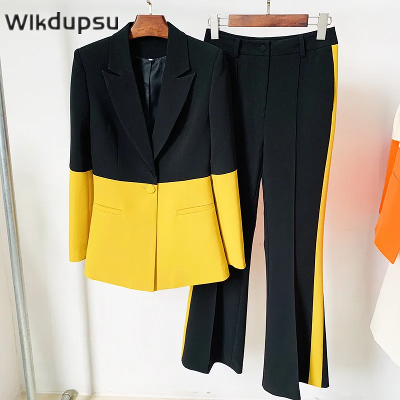 

Pants Set Women Outfits Two Piece Flare Trousers Female Contrast Color Long Sleeve Blazer Suit Jacket Clothes Office Formal Wear