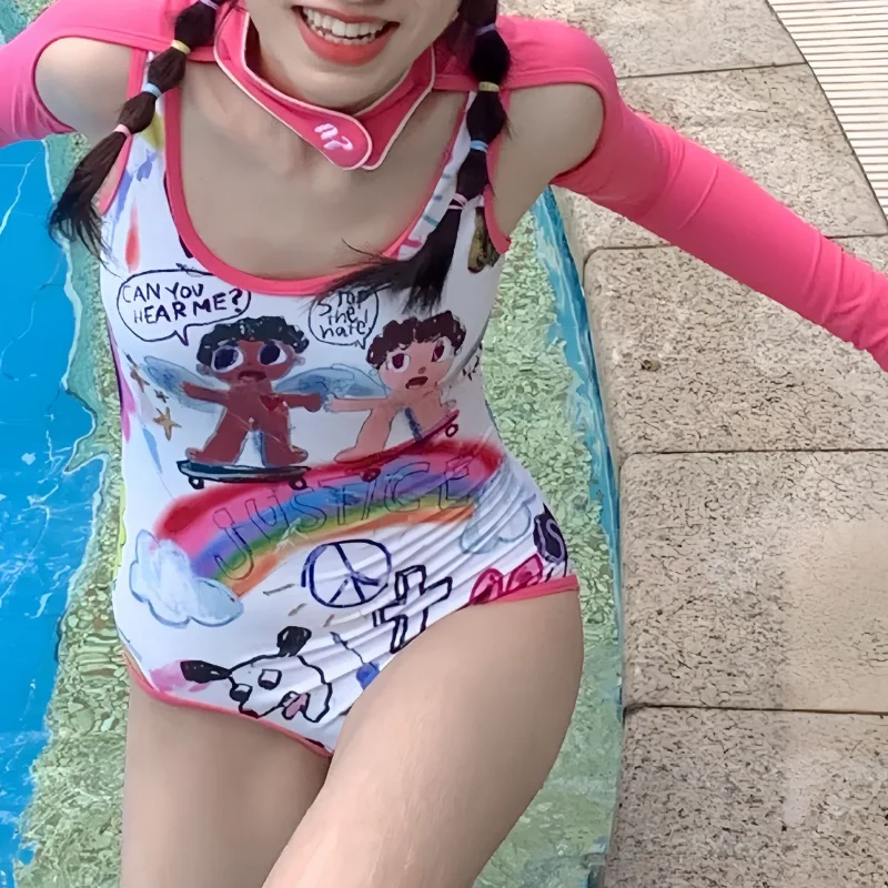Japanese Kawaii One Piece Printed Swimwear Pink Coat Shawl Sun