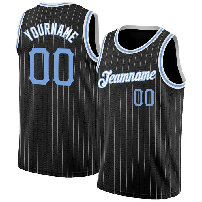 

Custom Black White Pinstripe Light Blue-White Personalized Basketball Jersey