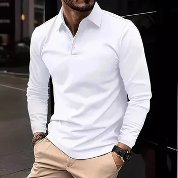 Camicie POLO classiche da uomo semplici con risvolto in tinta unita Primavera autunno business tempo libero viaggi all'aperto amici festa top a maniche lunghe