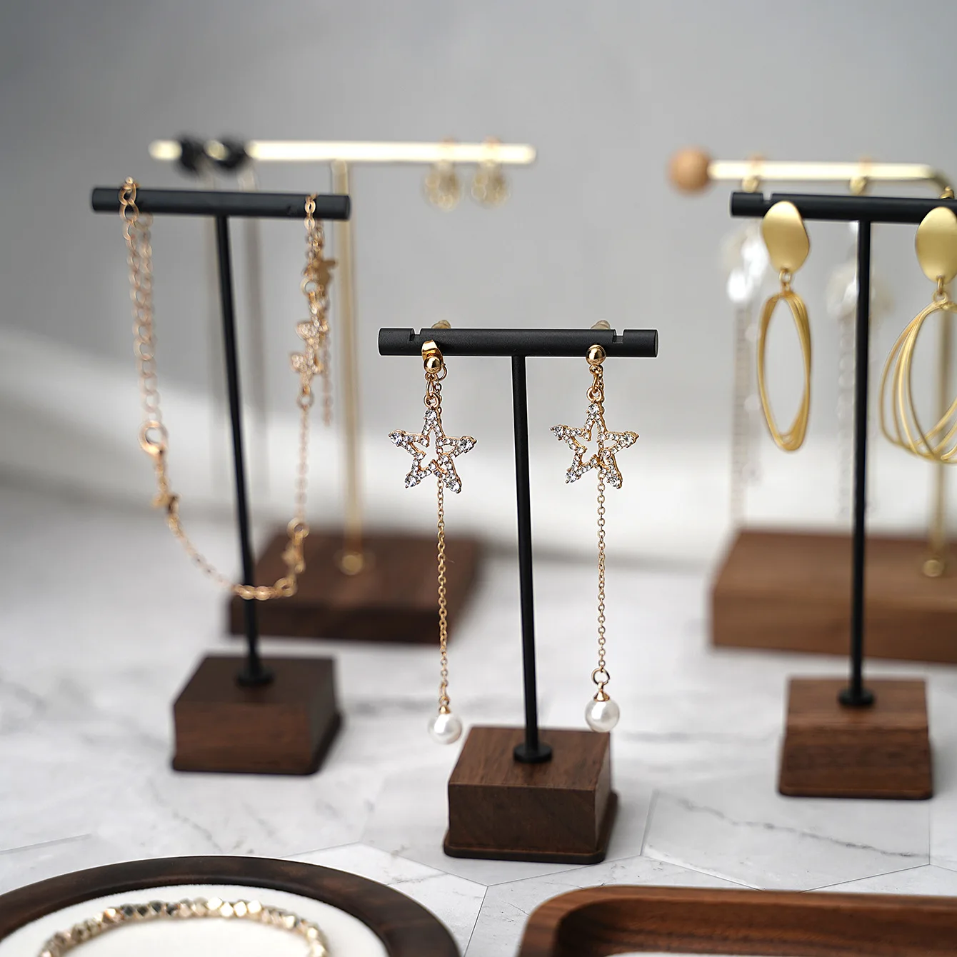 Elegant Copper and Wood Jewelry Display Stand for Necklaces and Earrings