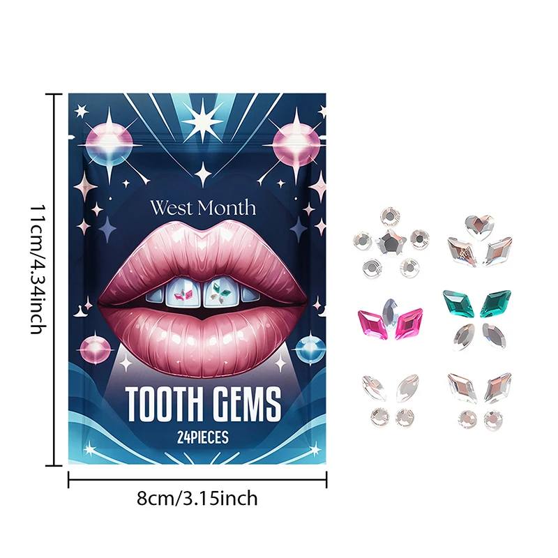 24개 치아 장식 크리스탈 다이아몬드 치아 보석 세트 다양한 모양과 색상 DIY 치아 아크릴 장식 도구