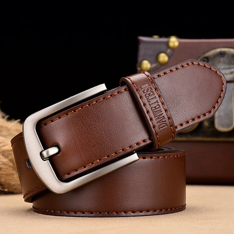 Brown men's leather belt men's highquality leather belt men's leather belt buckle double line