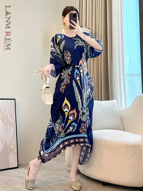 LANMREM Chinese Style Prinrtting Pleated Dress For Women 2025 New Trendy Round Collar Loose Casual Irregular Dresses 2DB2982