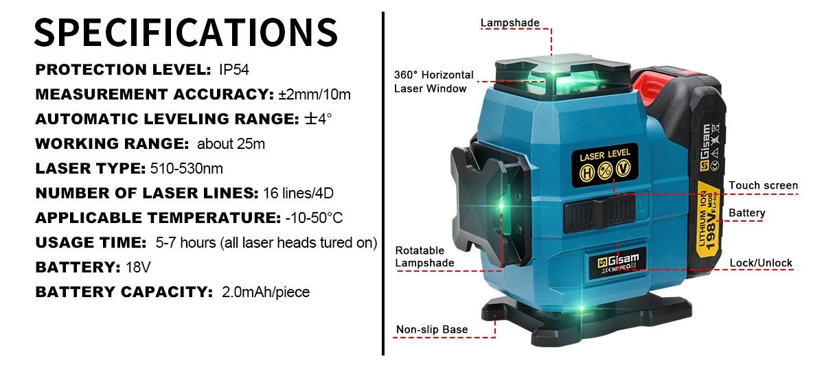 16 Lines 4D Laser Laser Level Self-leveling Powerful Green Beam 360 Horizontal a