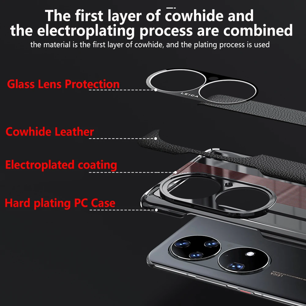 Genuine Leather Phone Case For Huawei P50 Pro Cowhide Crocodile texture Original Cover P 50 P50Pro Luxury plating Hard Capa