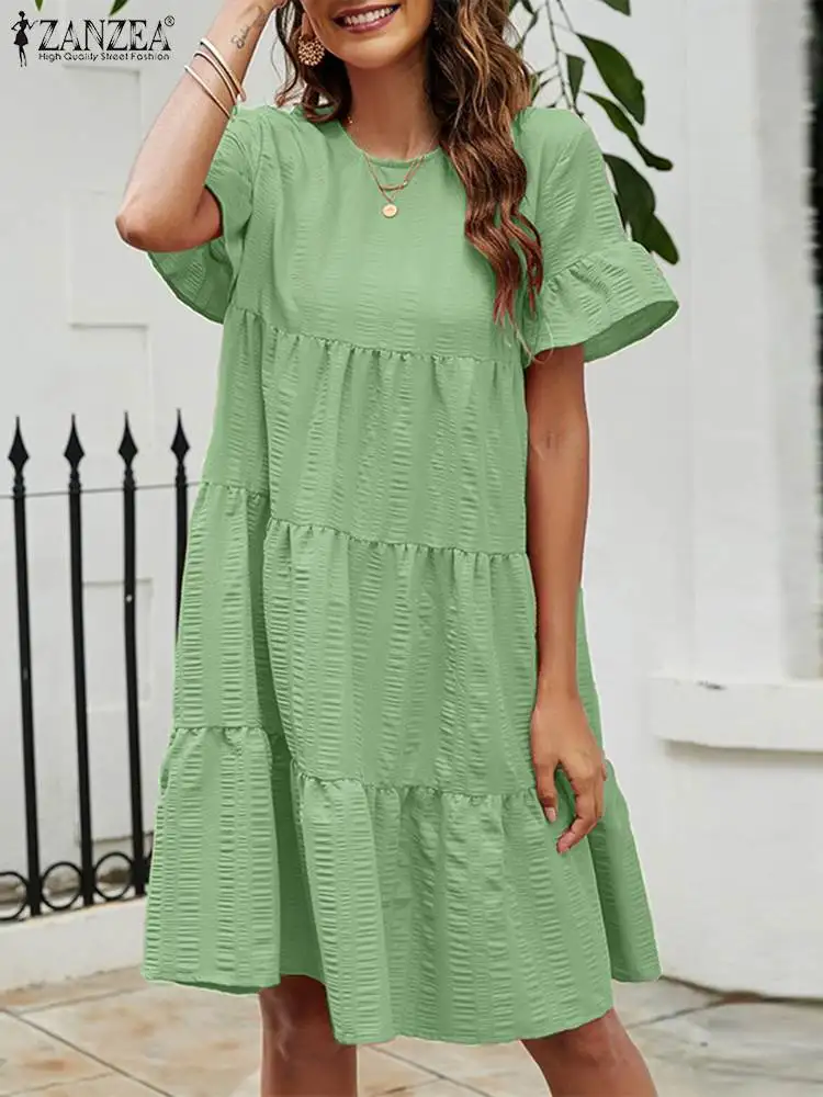 

2023 ZANZEA Fashion Summer O Neck Short Sleeve Sundress Women Casual Ruffles Dress Solid Loose Holiday Midi Vestido Robe Femme